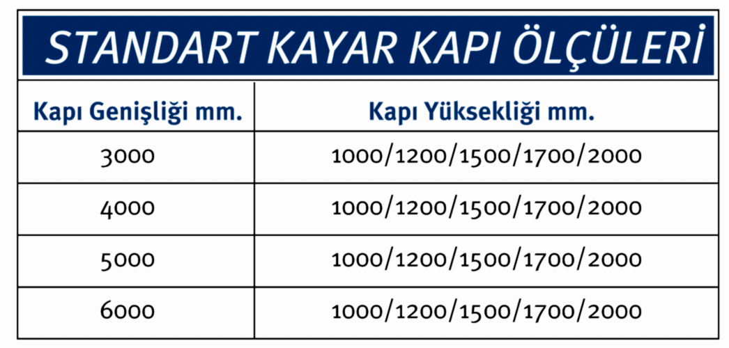 Standart Kayar Kapaklı Ölçüleri